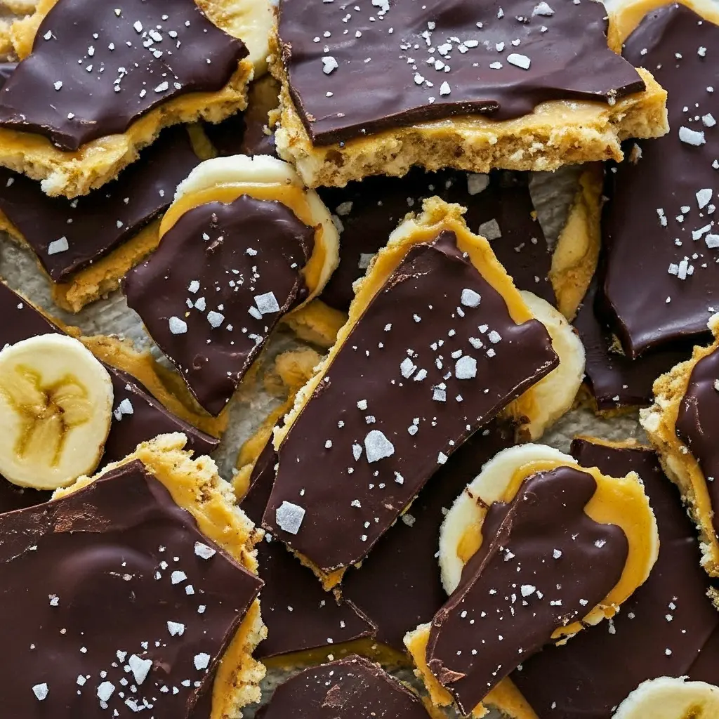 Overhead shot of broken chocolate-covered banana slabs on parchment showing a peanut-butter layer beneath the glossy chocolate — a visual for Vegan Chocolate Banana Bark, Gluten Free Chocolate Banana Bark, and the ultimate Banana Chocolate Bark idea from my round-up of Banana No Bake Recipes; swipe to see How To Make Chocolate Banana Bark, Easy Banana Snacks.