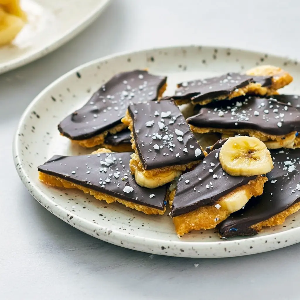Overhead shot of broken chocolate-covered banana slabs on parchment showing a peanut-butter layer beneath the glossy chocolate — a visual for Vegan Chocolate Banana Bark, Gluten Free Chocolate Banana Bark, and the ultimate Banana Chocolate Bark idea from my round-up of Banana No Bake Recipes; swipe to see How To Make Chocolate Banana Bark.