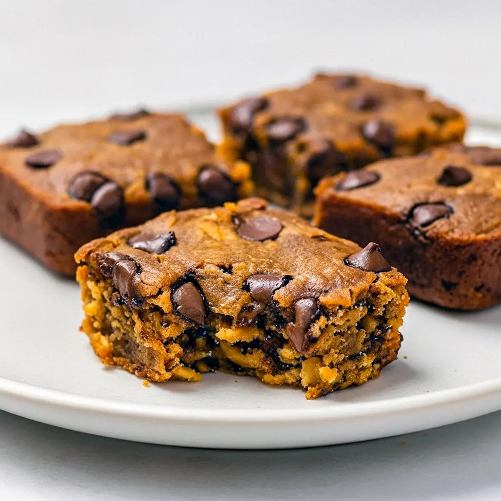 Golden-hued pumpkin oatmeal bars on a wooden board, studded with chocolate chips and oats, garnished with a sprinkle of cinnamon and a few pumpkin seeds.