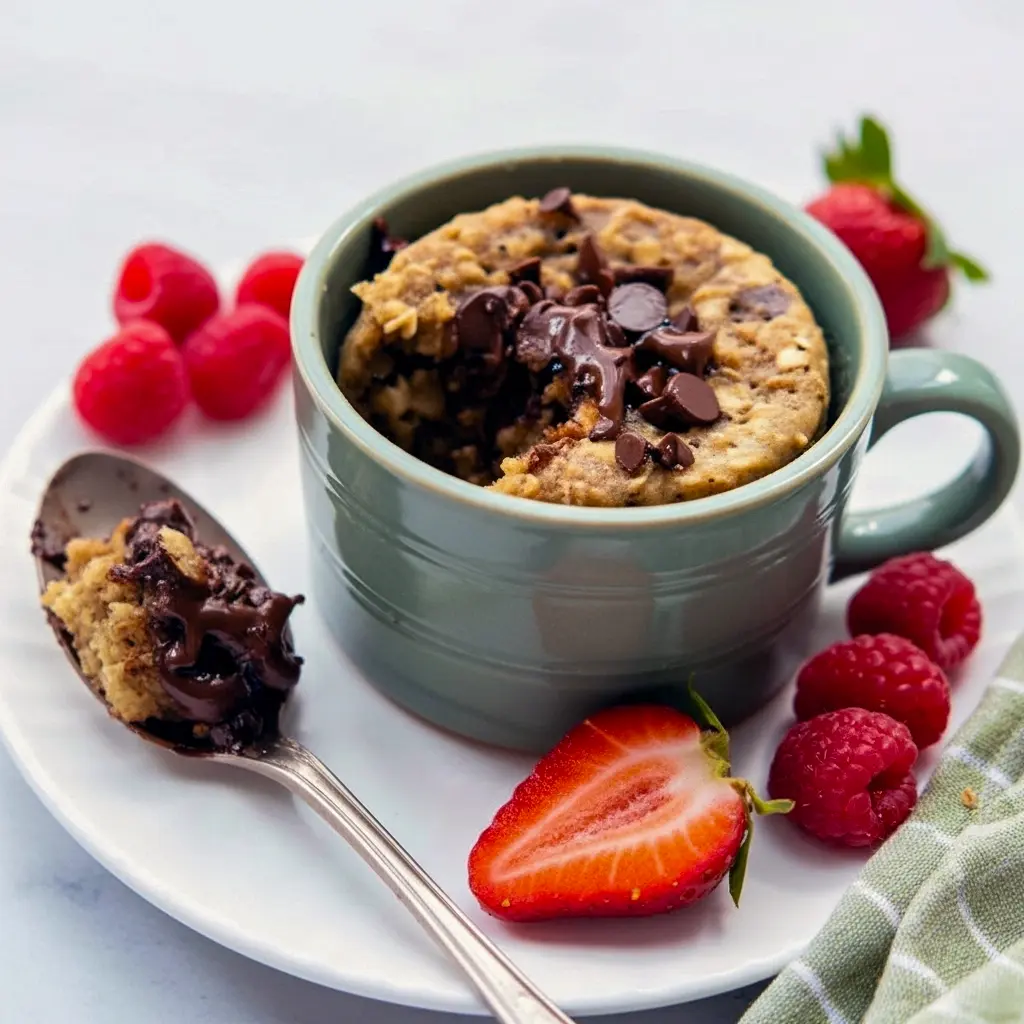 Fluffy oatmeal mug cake in a white ceramic mug, golden top with a few mini chocolate chips and a sliced banana, spoon resting beside the mug on a wooden table, Oatmeal Mug Cake Recipe.