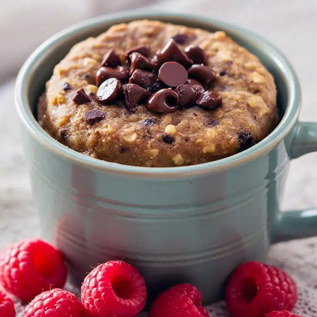 Fluffy oatmeal mug cake in a white ceramic mug, golden top with a few mini chocolate chips and a sliced banana, spoon resting beside the mug on a wooden table.