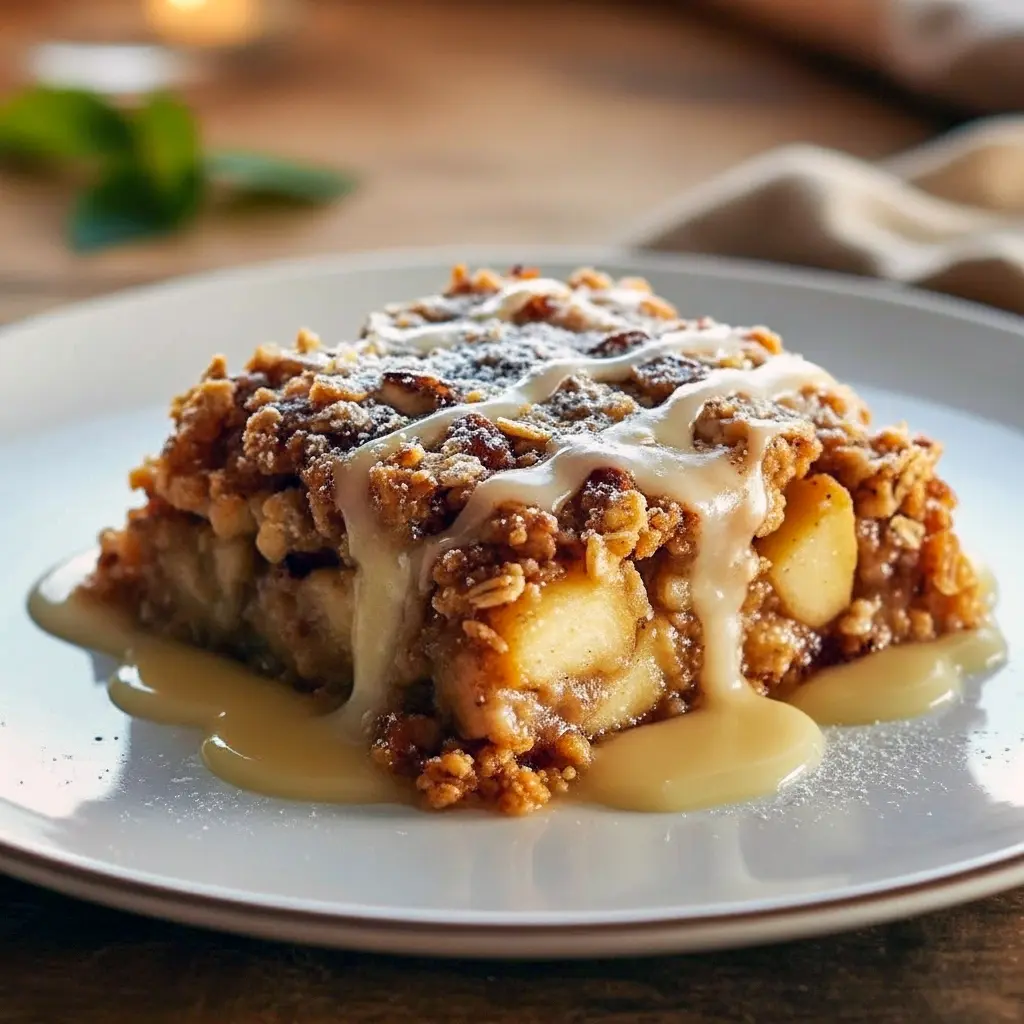 Golden-brown oatmeal apple breakfast bake in a square dish topped with apple slices and a sprinkle of cinnamon, ready for busy mornings, Quick Breakfast Bake.