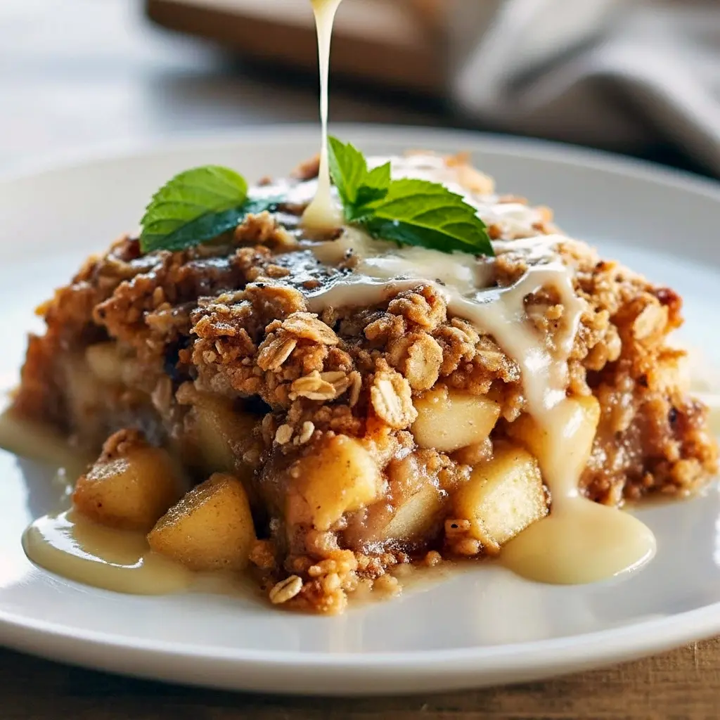 Golden-brown oatmeal apple breakfast bake in a square dish topped with apple slices and a sprinkle of cinnamon, ready for busy mornings.