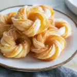 Shiny glazed oven-baked cruller-style donut with ridged edges on a cooling rack, sprinkled lightly with powdered sugar.