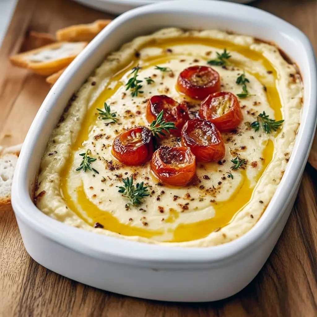 Bowl of roasted garlic goat cheese dip topped with olive oil and thyme, served with toasted sourdough slices.