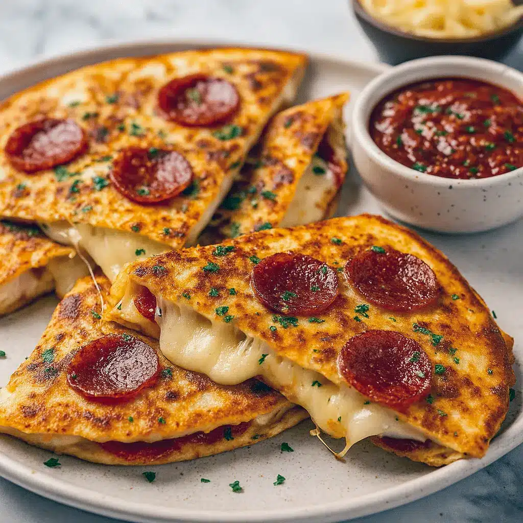 Golden, folded quesadilla sliced into wedges, oozing melted cheese and pepperoni, served with a small bowl of warm marinara for dipping.