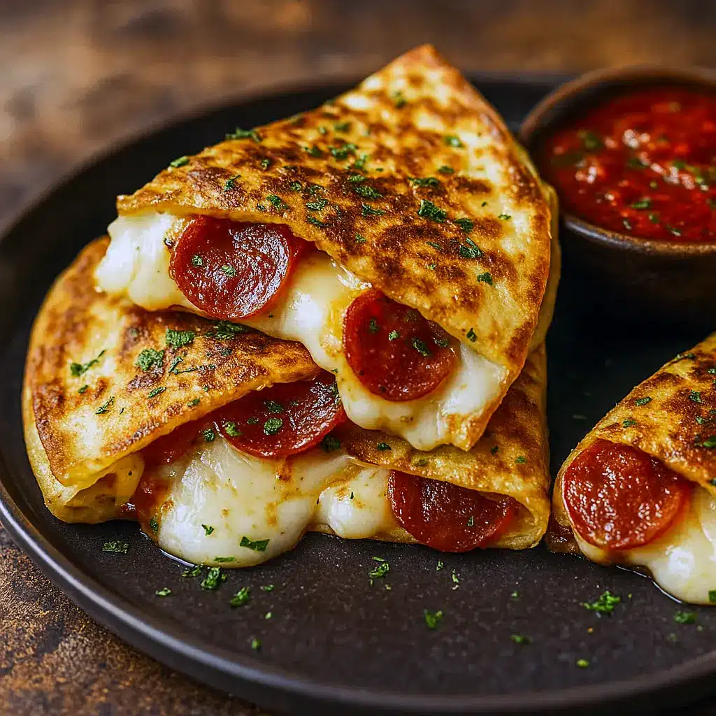 Golden, folded quesadilla sliced into wedges, oozing melted cheese and pepperoni, served with a small bowl of warm marinara for dipping.