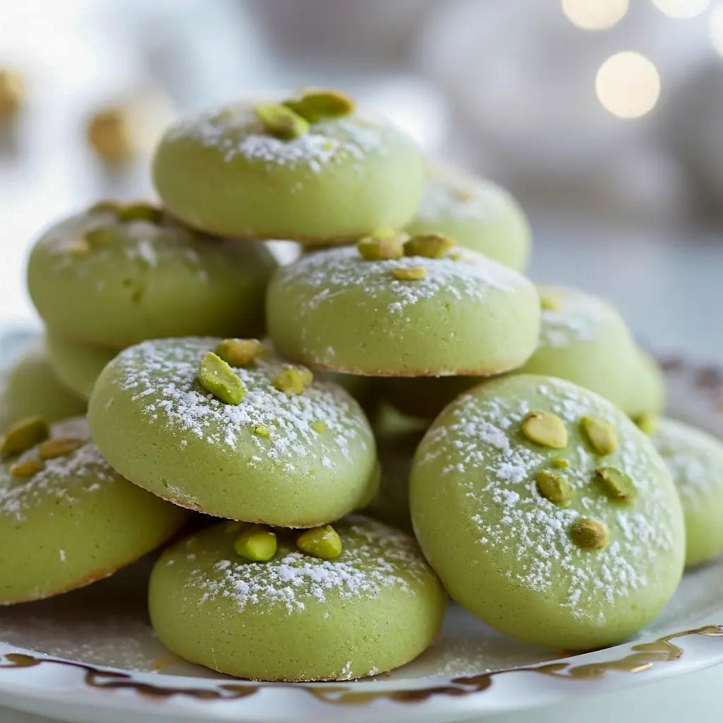 Close-up of powdered-sugar dusted Pistachio Wedding Cookies (pale green) arranged with sliced Pistachio Bars and mini Pistachio Petit Four, showing the tender crumb of these Pistachio Cookies inspired by Sicilian Cookies — a pretty platter of Green Cookies and bite-sized Pistachio Dessert ideas from my go-to Pistachio Recipes collection.