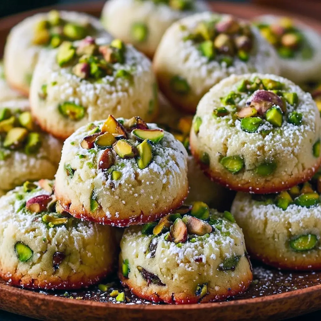 Round pistachio cookies dusted with powdered sugar, stacked on a white plate with chopped pistachios scattered around.