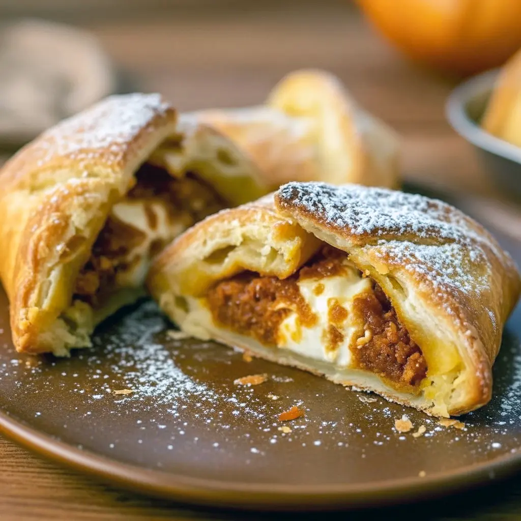Three golden pumpkin cream cheese danishes on a wooden board, showing flaky puff pastry, a creamy pumpkin-cream center, and a light dusting of powdered sugar, Pumpkin Cream Cheeses.