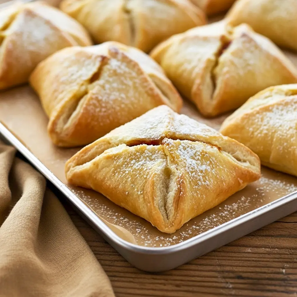 Three golden pumpkin cream cheese danishes on a wooden board, showing flaky puff pastry, a creamy pumpkin-cream center, and a light dusting of powdered sugar.