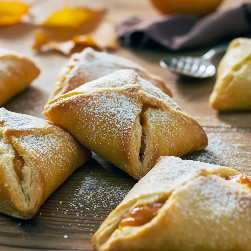 Three golden pumpkin cream cheese danishes on a wooden board, showing flaky puff pastry, a creamy pumpkin-cream center, and a light dusting of powdered sugar.