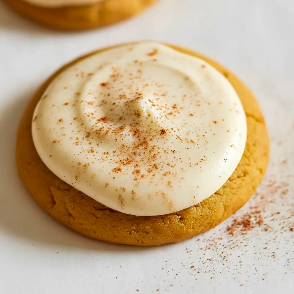 Round pumpkin spice sugar cookies topped with swirled cream cheese frosting and a light dusting of cinnamon, arranged on a rustic plate.