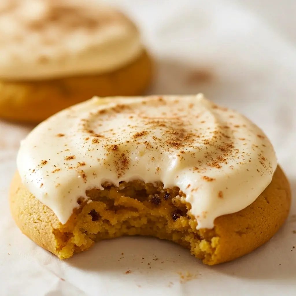 Round pumpkin spice sugar cookies topped with swirled cream cheese frosting and a light dusting of cinnamon, arranged on a rustic plate.