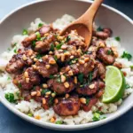 Close-up of caramelized ginger-lime ground pork served on coconut jasmine rice, topped with cilantro, chopped peanuts, and lime wedges — a vibrant Coconut Pork bowl that highlights Dishes With Ginger and reads like smart Ginger Meals and Healthy Recipes Pork, perfect for lovers of Healthy Pork Dishes.