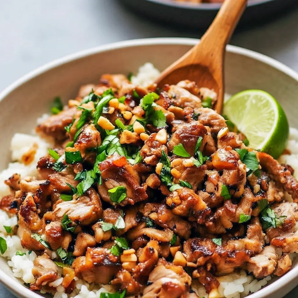 Close-up of caramelized ginger-lime ground pork served on coconut jasmine rice, topped with cilantro, chopped peanuts, and lime wedges — a vibrant Coconut Pork bowl that highlights Dishes With Ginger and reads like smart Ginger Meals and Healthy Recipes Pork, perfect for lovers of Healthy Pork Dishes, Easy Meal Inspiration.