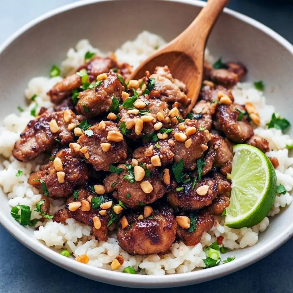 Close-up of caramelized ginger-lime ground pork served on coconut jasmine rice, topped with cilantro, chopped peanuts, and lime wedges — a vibrant Coconut Pork bowl that highlights Dishes With Ginger and reads like smart Ginger Meals and Healthy Recipes Pork, perfect for lovers of Healthy Pork Dishes.