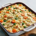Golden, bubbling chicken-and-rice casserole in a ceramic dish, dotted with melted butter and a sprinkle of parsley.