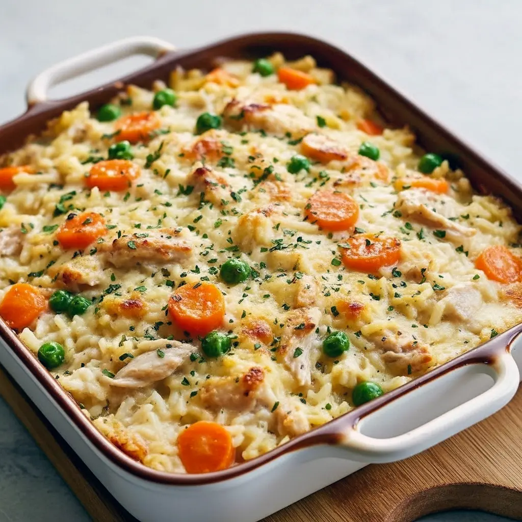 Golden, bubbling chicken-and-rice casserole in a ceramic dish, dotted with melted butter and a sprinkle of parsley.