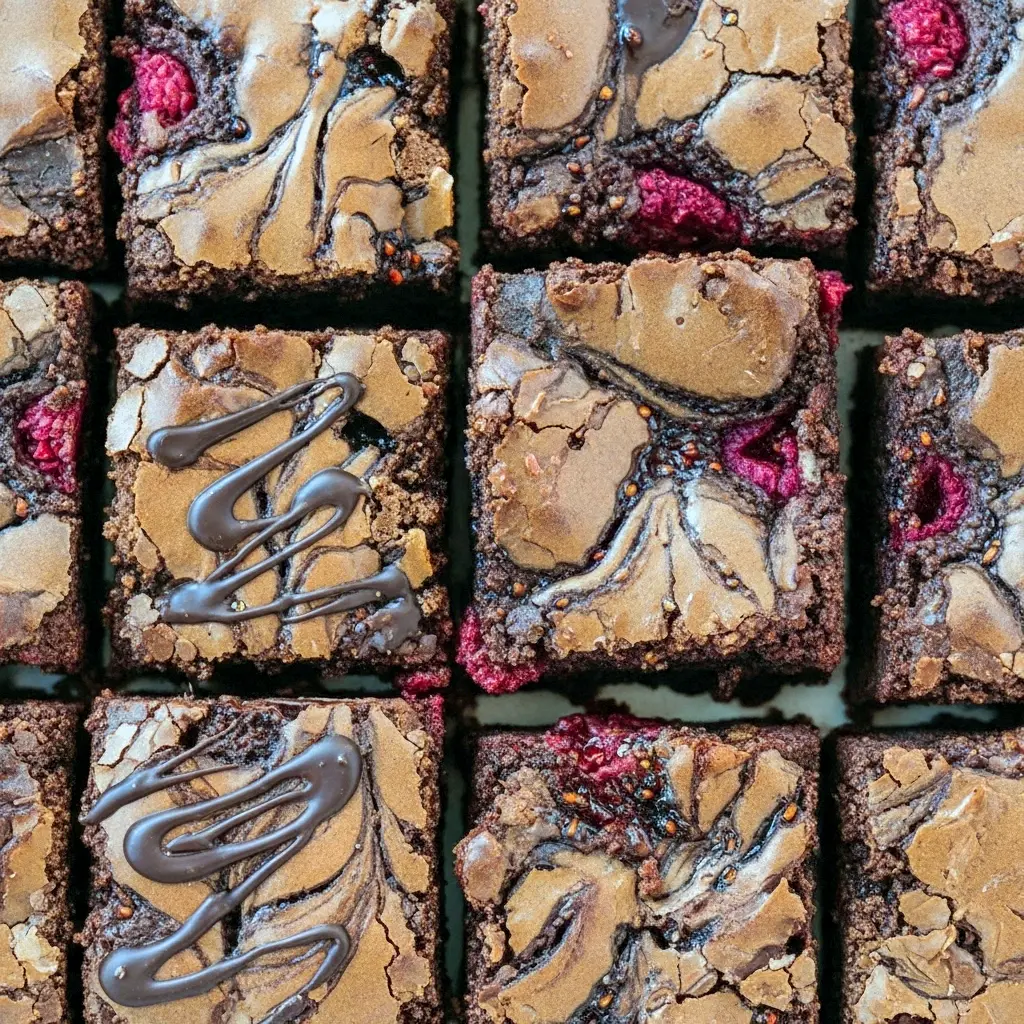 Close-up of fudgy brownies with glossy jam swirls and fresh berries — Raspberry Topped Brownies that read like a Brownie Raspberry Dessert and one of the best Chocolate Raspberry Dessert Recipes, dotted with juicy Brownies With Raspberries.