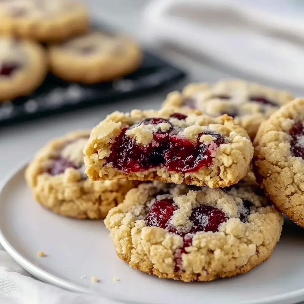Close-up of a golden, jam-filled crumble cookie with a buttery shortbread base, raspberry jam center, and streusel topping, dusted lightly with powdered sugar, Buttery Raspberry Crumble Cookies Recipe.