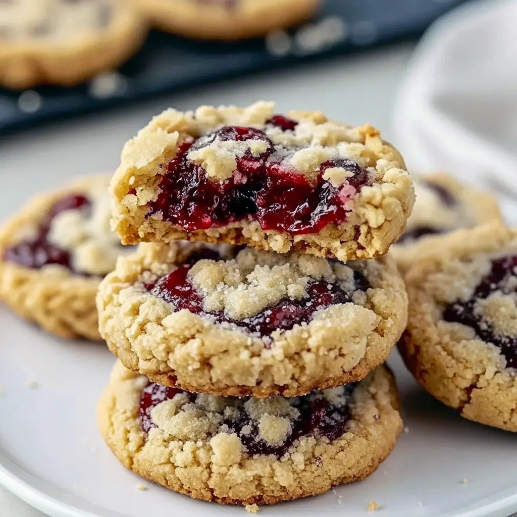 Close-up of a golden, jam-filled crumble cookie with a buttery shortbread base, raspberry jam center, and streusel topping, dusted lightly with powdered sugar.