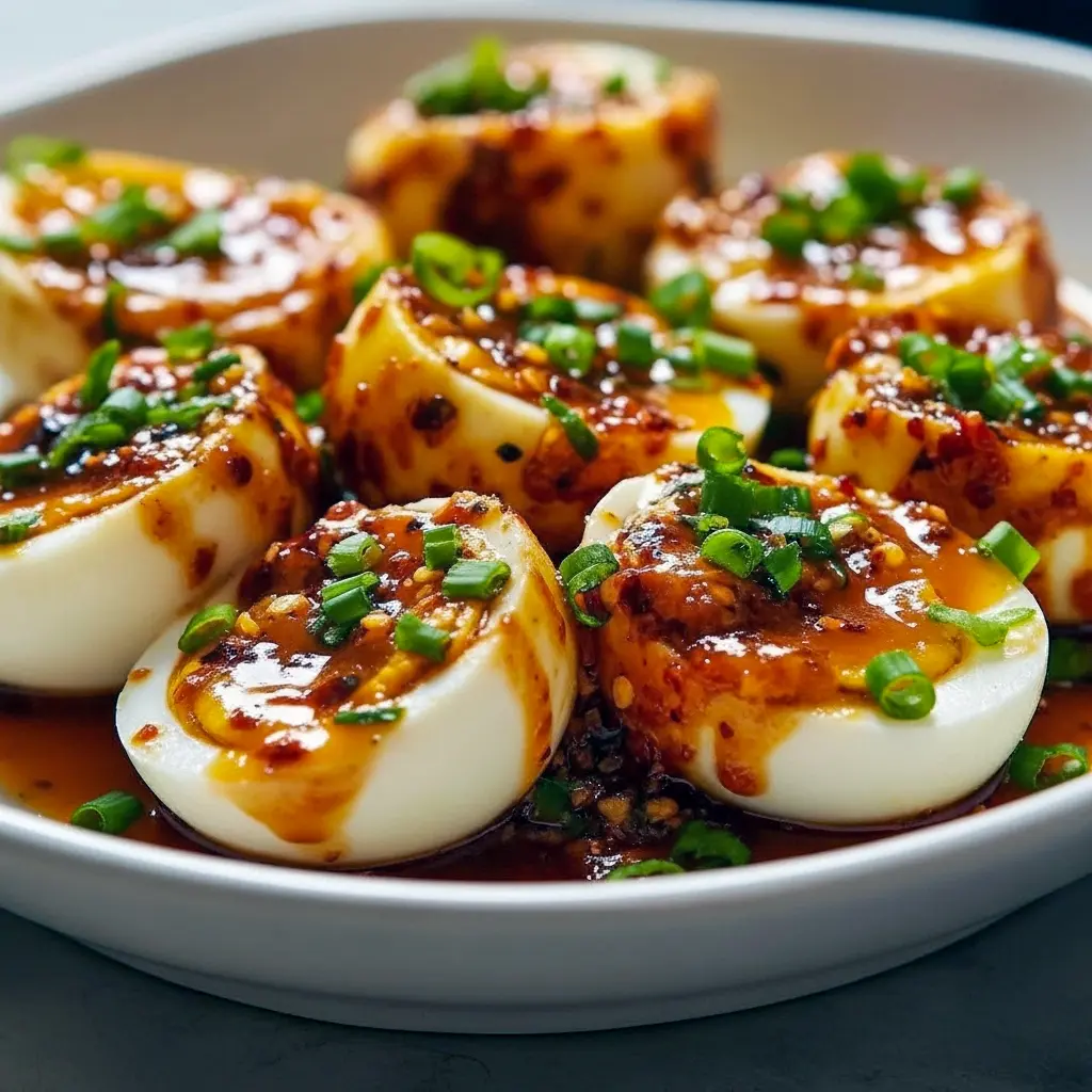 Close-up of halved deviled eggs topped with chili-garlic and herbs — a bold Spicy Egg Recipes idea and tasty Snack Ideas Spicy, plated with dipping Boiled Egg Sauce for more flavor and perfect for new Boiled Eggs Ideas, Recipes With Soft Boiled Eggs.