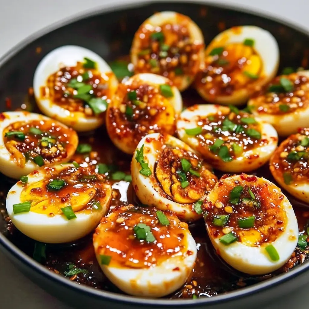 Close-up of halved deviled eggs topped with chili-garlic and herbs — a bold Spicy Egg Recipes idea and tasty Snack Ideas Spicy, plated with dipping Boiled Egg Sauce for more flavor and perfect for new Boiled Eggs Ideas.