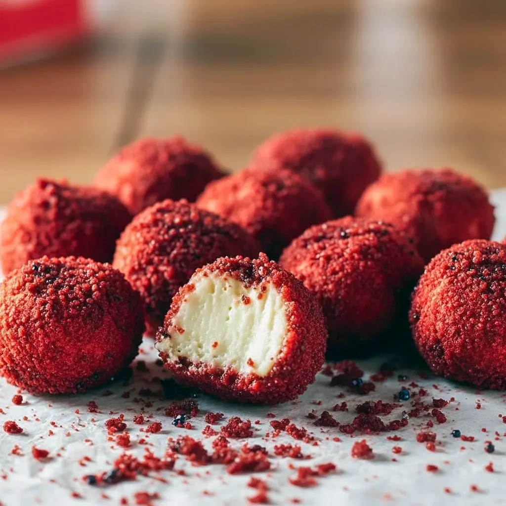 Close-up of glossy red velvet cheesecake bites coated in fine red cake crumbs, arranged on a white serving platter with a drizzle of white chocolate.