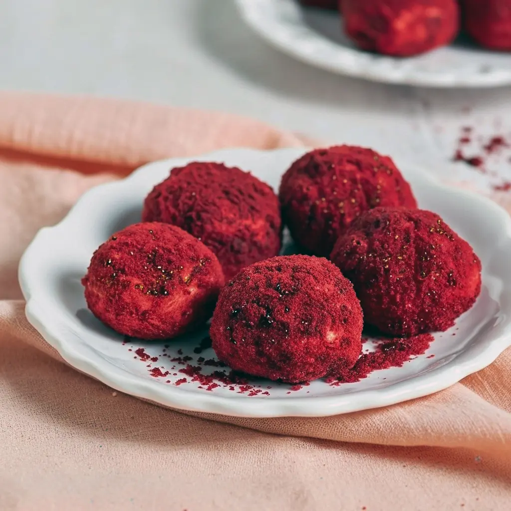 Close-up of glossy red velvet cheesecake bites coated in fine red cake crumbs, arranged on a white serving platter with a drizzle of white chocolate.
