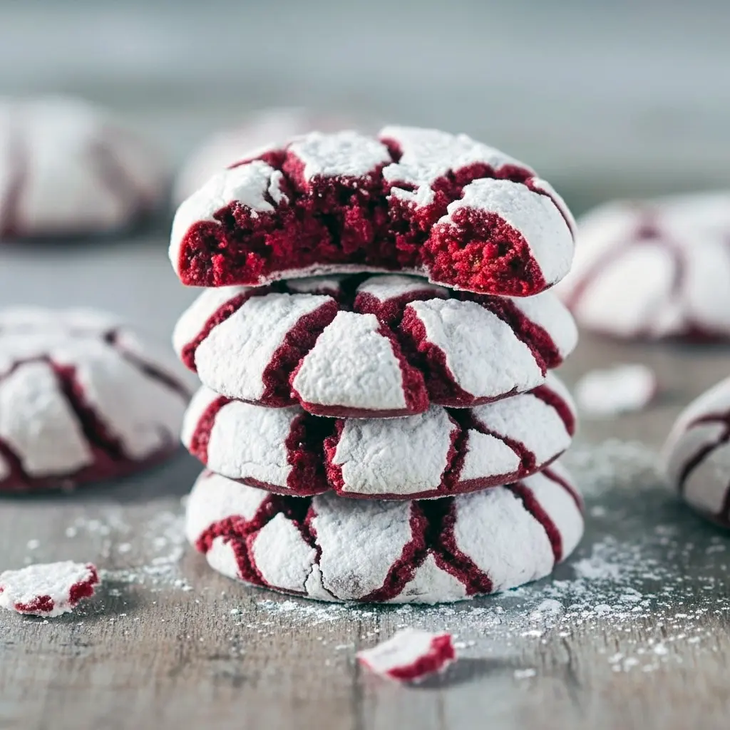 Close-up of red velvet crinkle cookies dusted in powdered sugar, stacked on a festive plate.