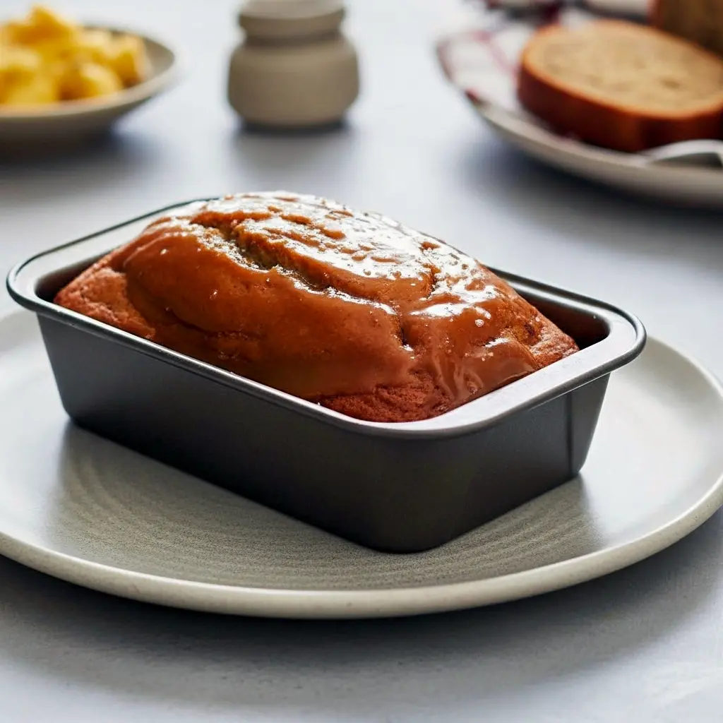 Sliced loaf of banana bread with visible caramel ribbons, drizzled salted caramel on top and a sprinkle of sea salt, on a wooden board.