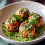 Golden baked salmon balls drizzled with creamy avocado sauce — a protein-packed Salmon Appetizer perfect for healthy Seafood Dinner lovers and fans of Fish Dishes.