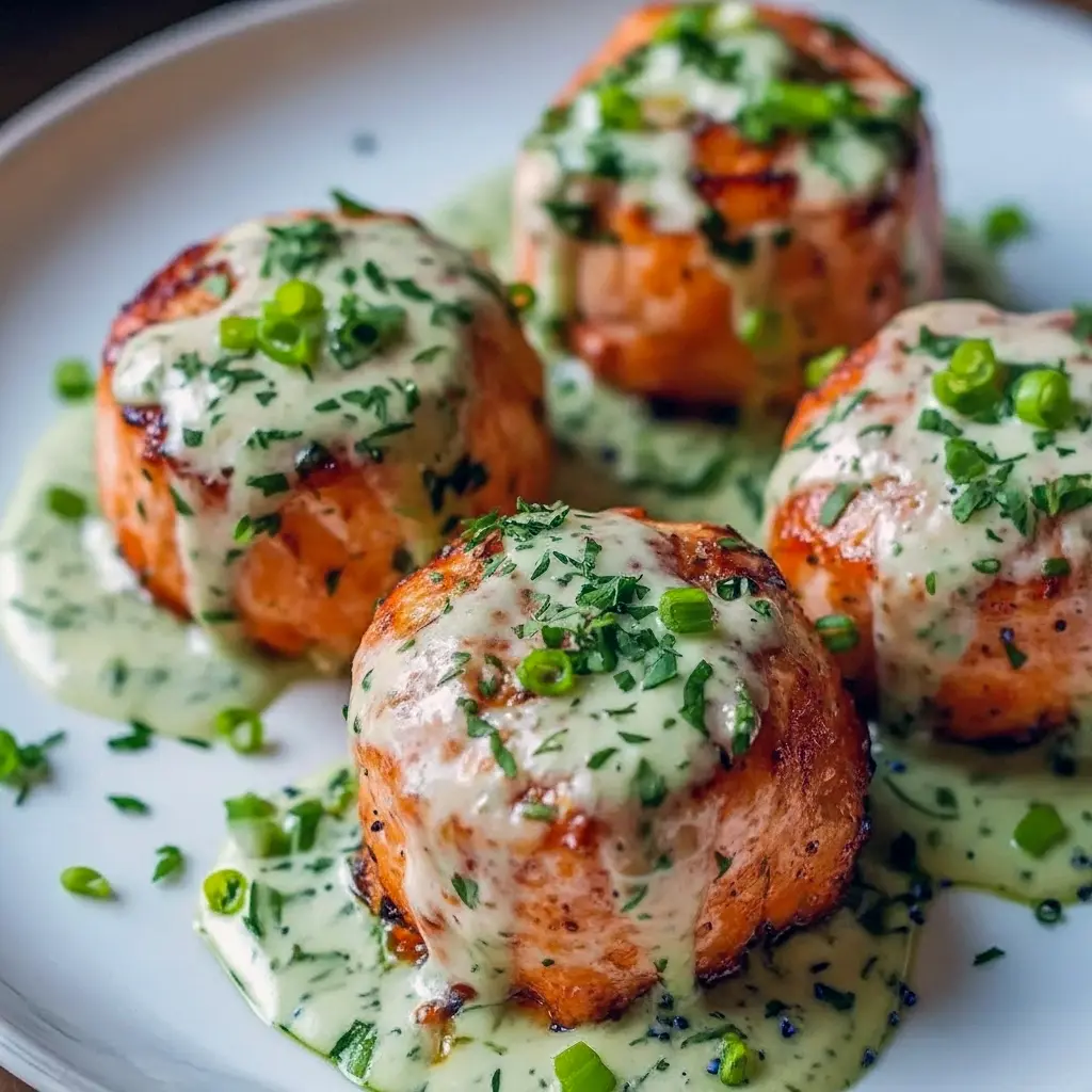 Golden baked salmon balls drizzled with creamy avocado sauce — a protein-packed Salmon Appetizer perfect for healthy Seafood Dinner lovers and fans of Fish Dishes, Salmon Appetizer Recipes.