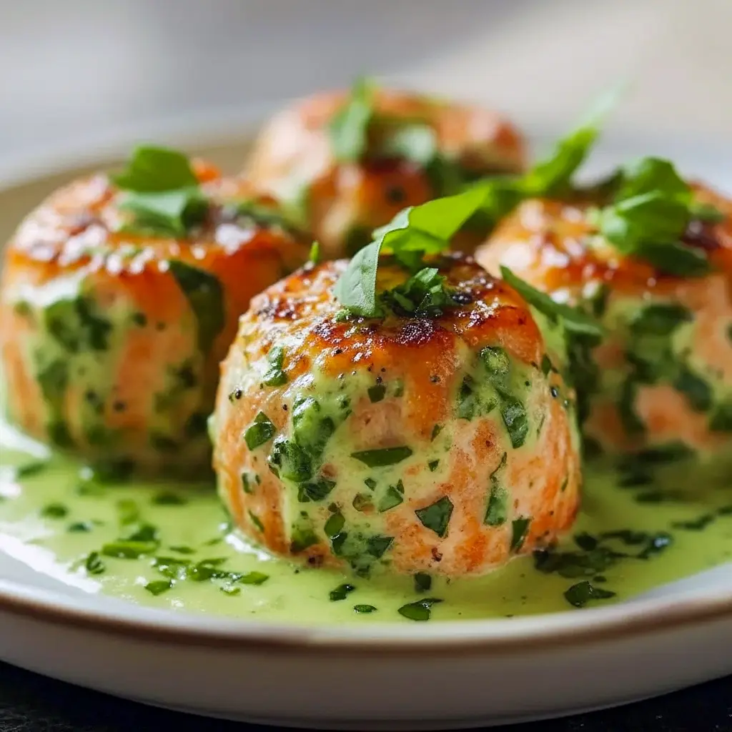 Golden baked salmon balls drizzled with creamy avocado sauce — a protein-packed Salmon Appetizer perfect for healthy Seafood Dinner lovers and fans of Fish Dishes, Salmon Appetizer Recipes.
