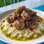 Close-up of seared chicken in garlic-butter sauce nestling on cheesy rice, styled for a cozy table — a tempting Chicken Scampi Recipe that reads like a silky Creamy Chicken Dish, perfect for fans of classic Chicken Scampi and easy Pasta Dinners.