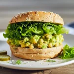 Close-up of a smashed chickpea and avocado sandwich on whole-grain bread with dill, chopped pickles, and crisp lettuce, showing creamy texture and fresh layers.