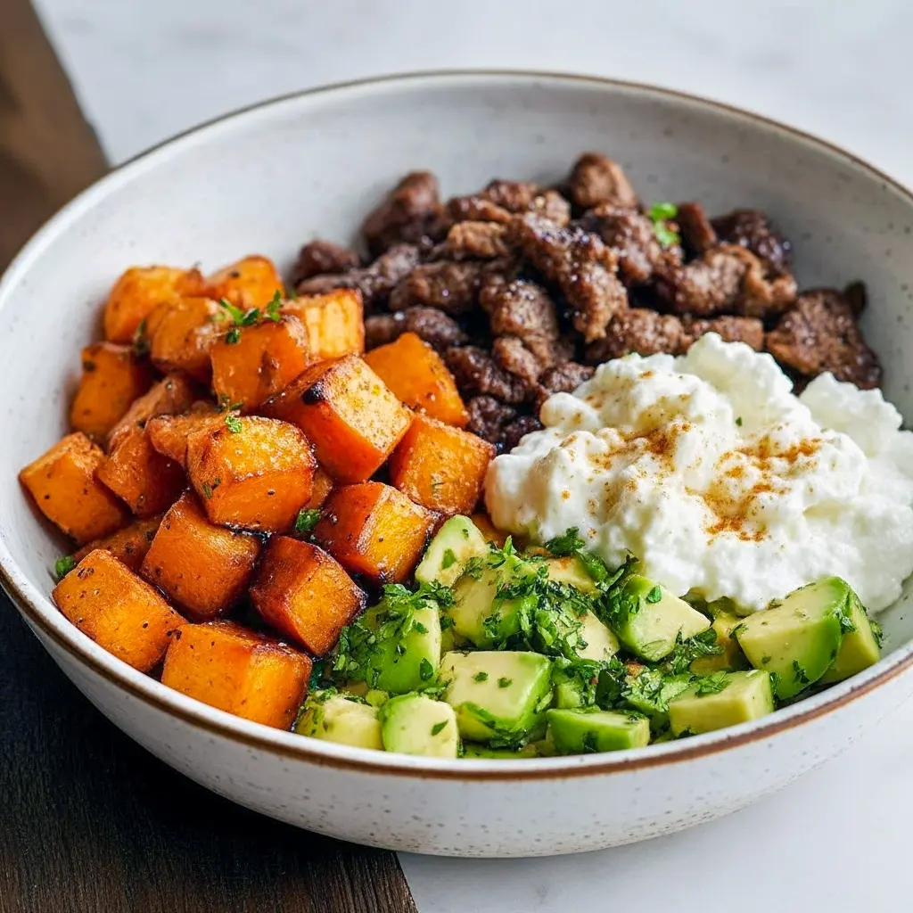 Bowl of roasted sweet potato cubes, seasoned ground beef, a scoop of cottage cheese, sliced avocado, and a drizzle of hot honey, garnished with cilantro and lime.