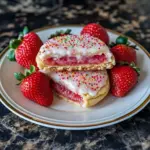 Close-up of strawberry-filled sugar-cookie sandwiches drizzled with pink icing and topped with rainbow sprinkles.