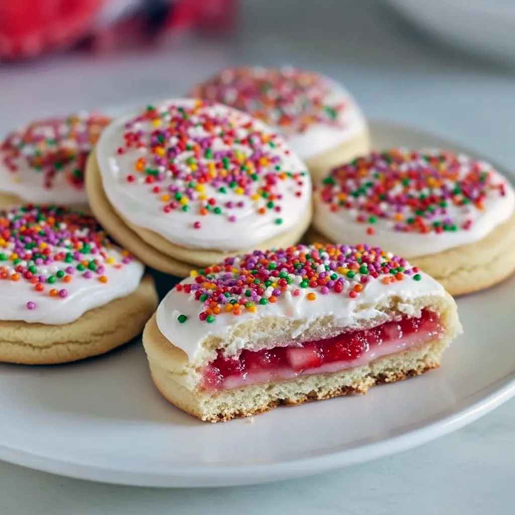 Close-up of strawberry-filled sugar-cookie sandwiches drizzled with pink icing and topped with rainbow sprinkles, Strawberry Tart Cookies.