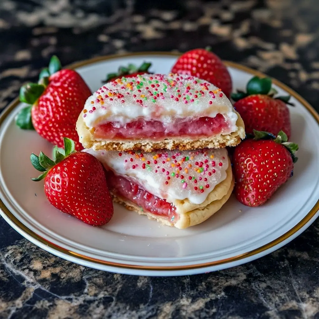 Close-up of strawberry-filled sugar-cookie sandwiches drizzled with pink icing and topped with rainbow sprinkles.