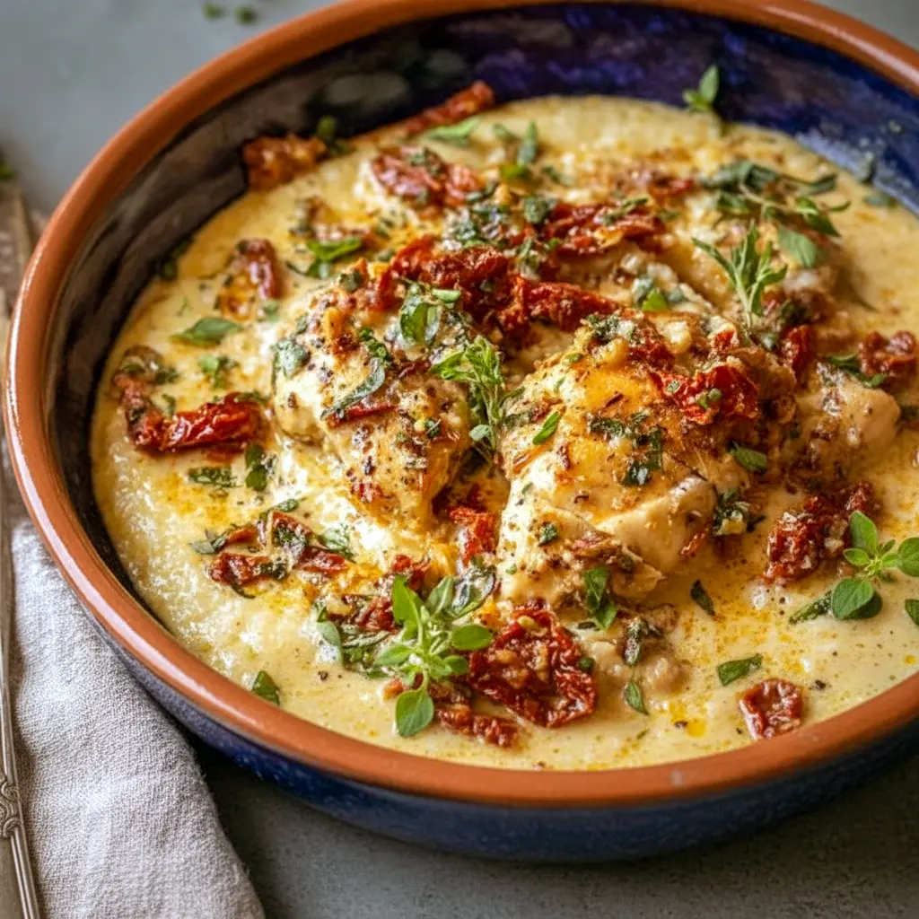 Savory Crockpot Chicken — creamy sun-dried tomato chicken served over pasta, topped with fresh basil and lemon zest.