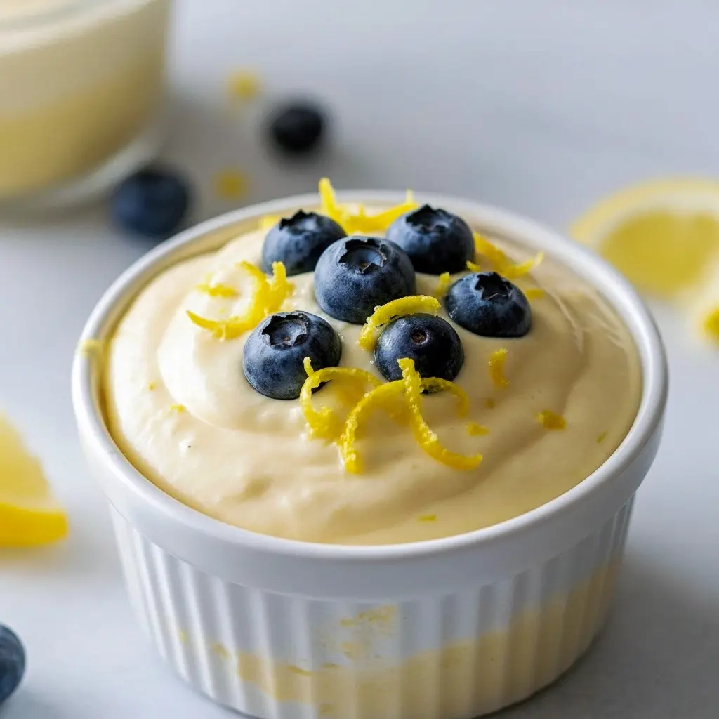Glass jar of pale yellow Whipped Cottage Cheese Lemon Mousse topped with blueberries — a light Lemon Cottage Cheese Mousse that’s Desserts Low Calorie and fits into Lemon Recipes Dessert Healthy menus.