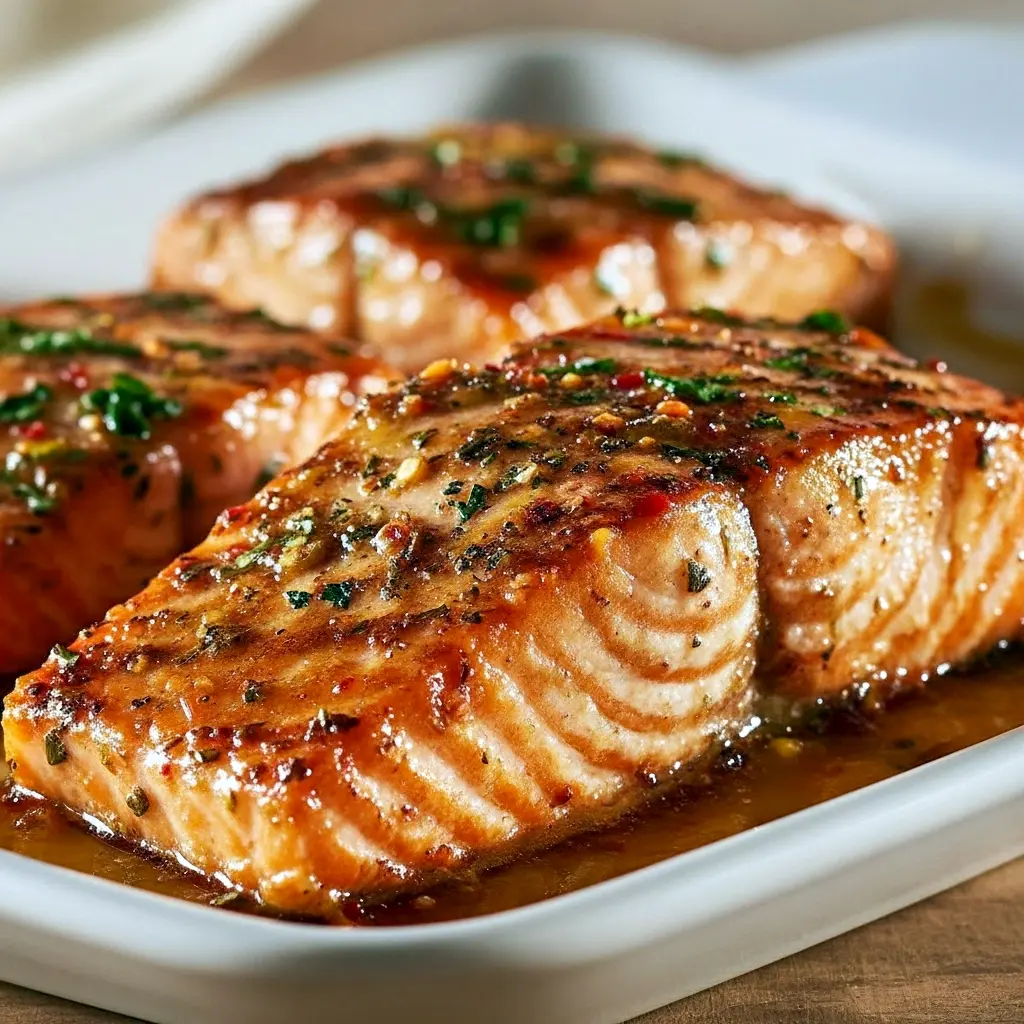 Two golden-baked salmon fillets on a baking sheet, seasoned with spices, garnished with lemon slices and chopped parsley.
