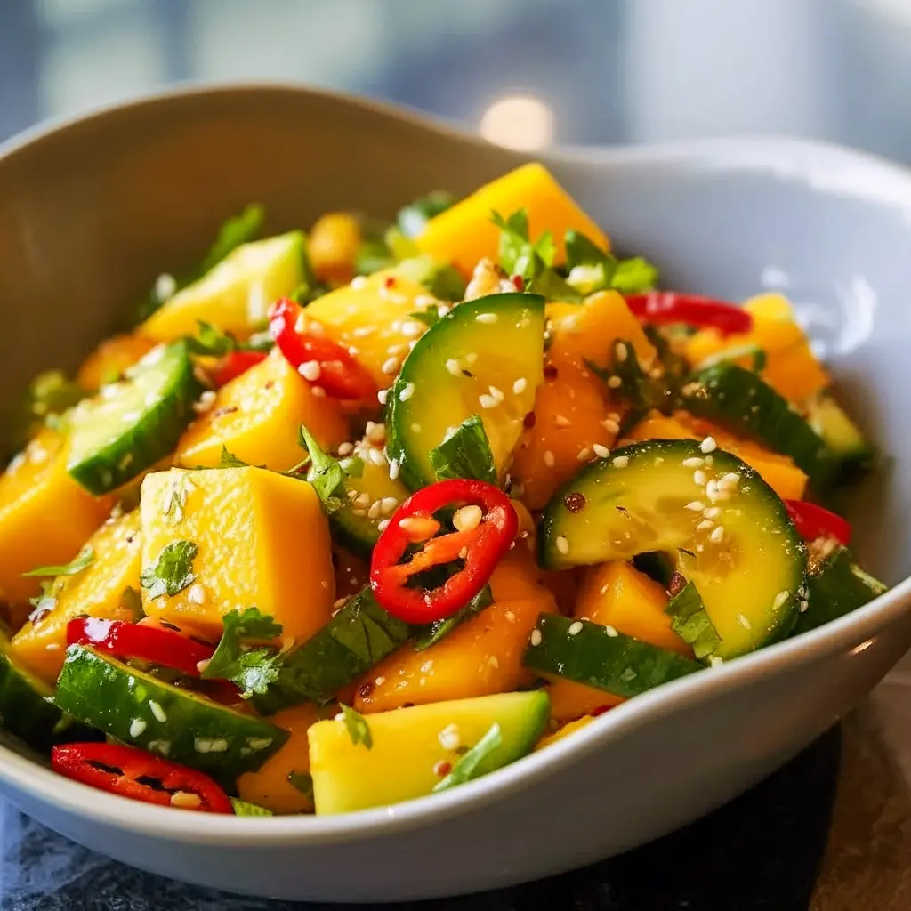 A vibrant Thai Mango Cucumber Salad with juicy mango chunks, crisp cucumber, red bell pepper, and fresh cilantro tossed in a tangy lime dressing — the perfect Mango Salad Recipe Summer dish full of Veggies In Season and tropical flair.