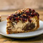Slice of pecan pie cheesecake on a white plate, topped with toasted pecans and a drizzle of caramel, set on a rustic wooden table with a dollop of whipped cream.