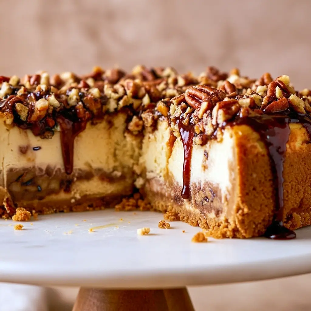 Slice of pecan pie cheesecake on a white plate, topped with toasted pecans and a drizzle of caramel, set on a rustic wooden table with a dollop of whipped cream, Thanksgiving Pecan Pie Cheesecake.