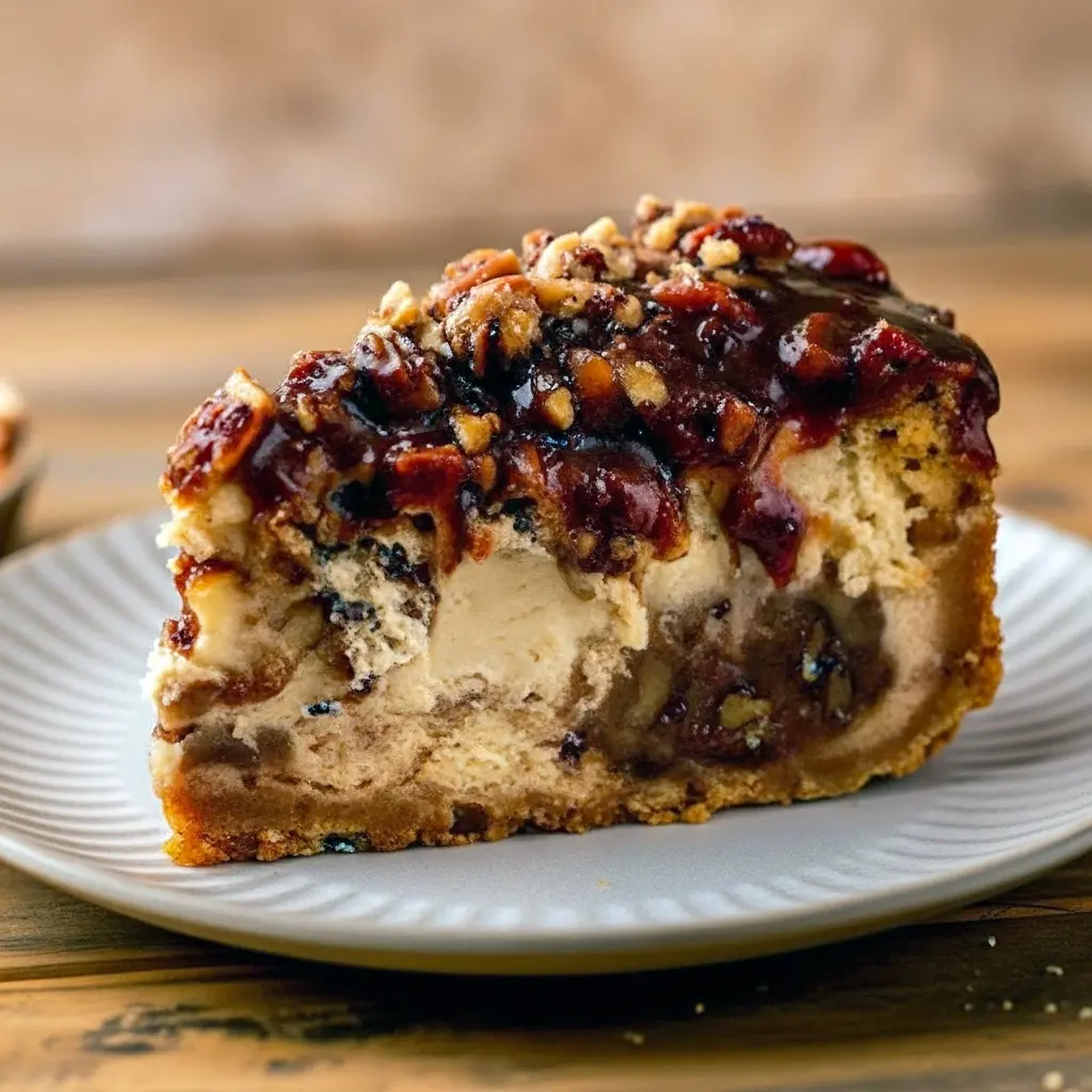 Slice of pecan pie cheesecake on a white plate, topped with toasted pecans and a drizzle of caramel, set on a rustic wooden table with a dollop of whipped cream.