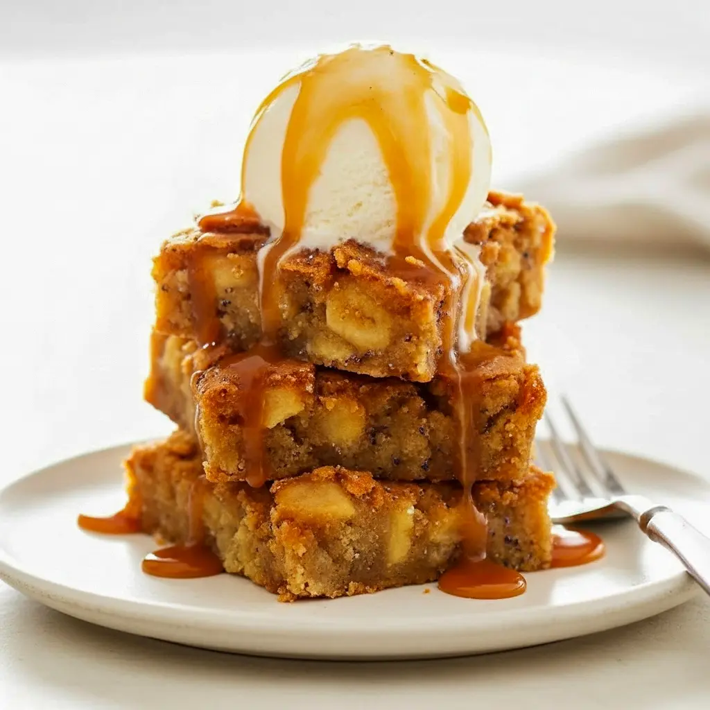 Close-up of golden, chewy apple blondie squares studded with fresh apple pieces and toasted pecans, drizzled with caramel and dusted with cinnamon — a visual of The Best Apple Desserts, ideal Thanksgiving Blondies, playful Apple Blondes, a crunchy Apple Brickle twist, sweet Apple Honey Dessert notes, nutty Apple Pecan bites, classic Homemade Apple Desserts, autumnal Apple Cider Blondies, and nostalgic Apple Pie Blondies.