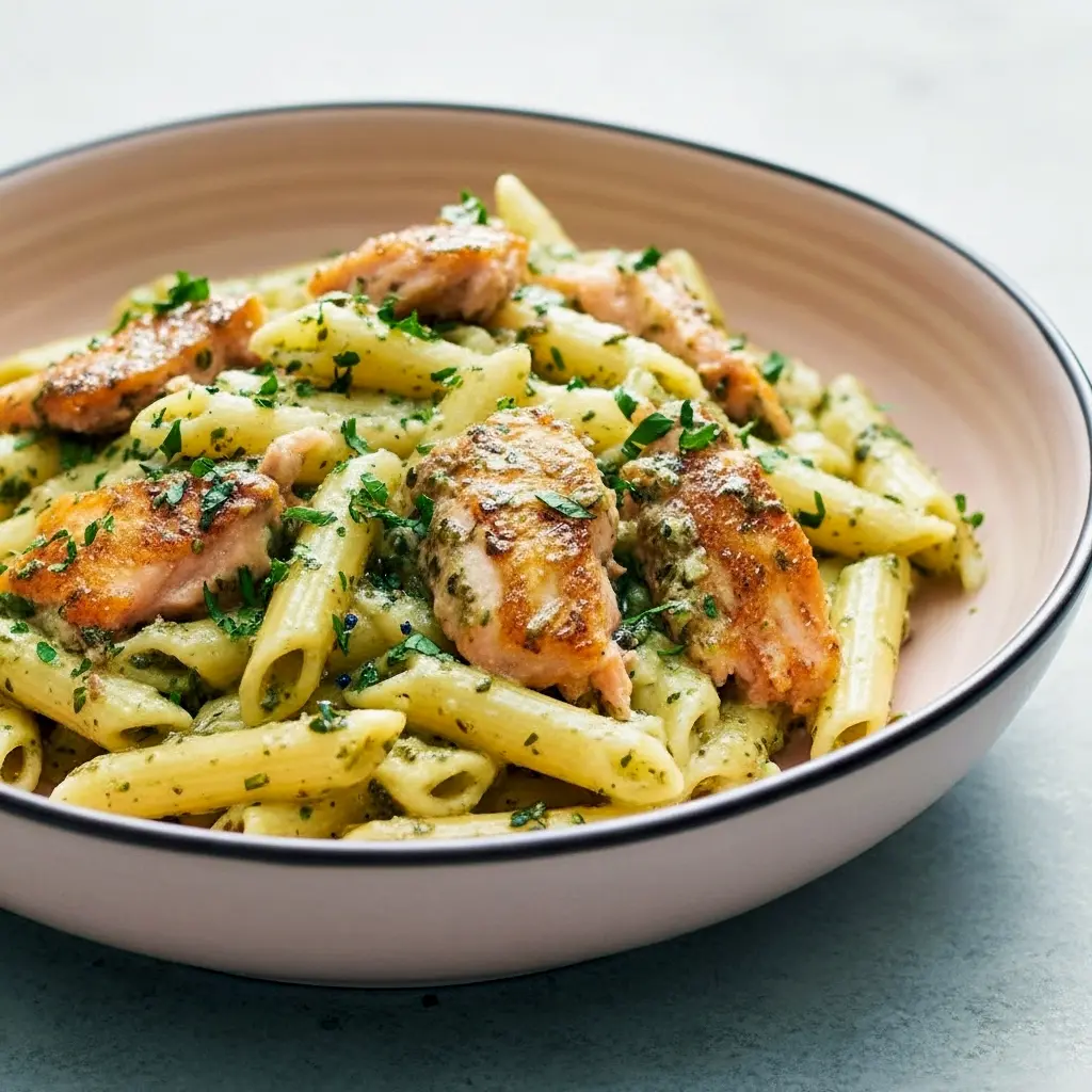 Golden seared salmon chunks tossed with pesto-coated penne, lemon wedge and grated parmesan — a bright Pescatarian Pasta plate ready to serve.